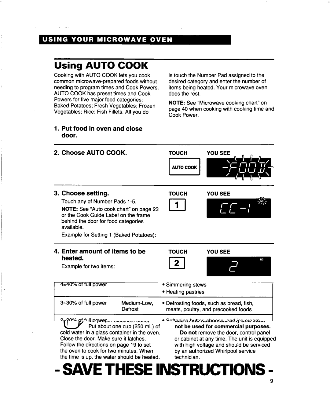 Whirlpool MT5120XAQ Using Auto Cook, Put food in oven and close door Choose Auto Cook, Setting, Enter amount Items To be 