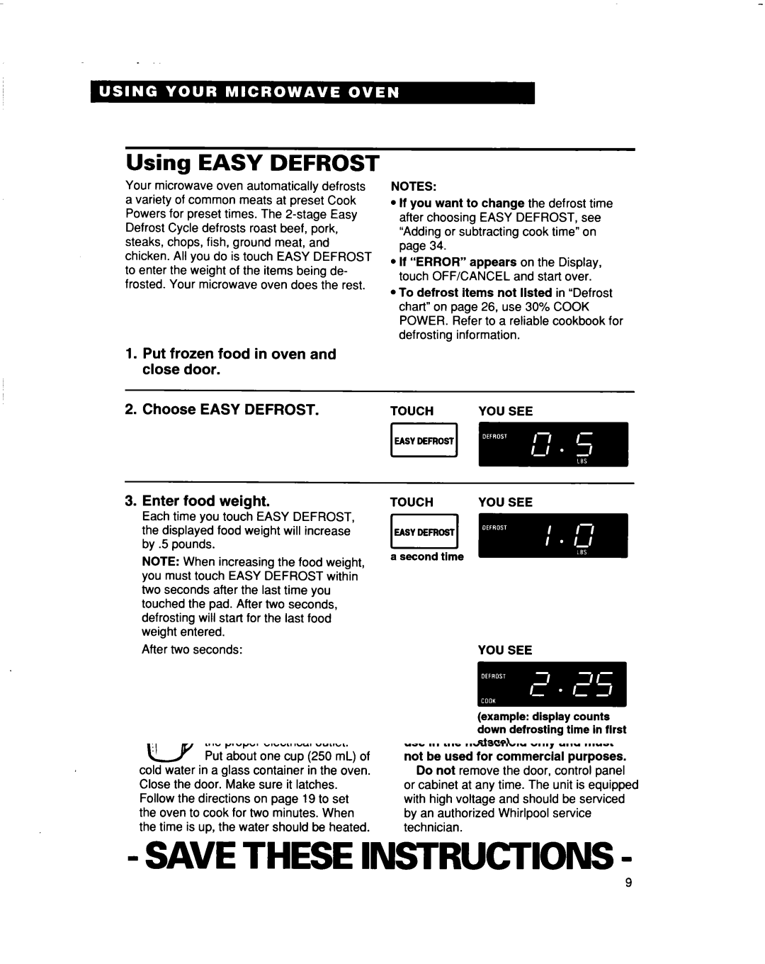 Whirlpool MT5120XAQ installation instructions Using Easy Defrost 