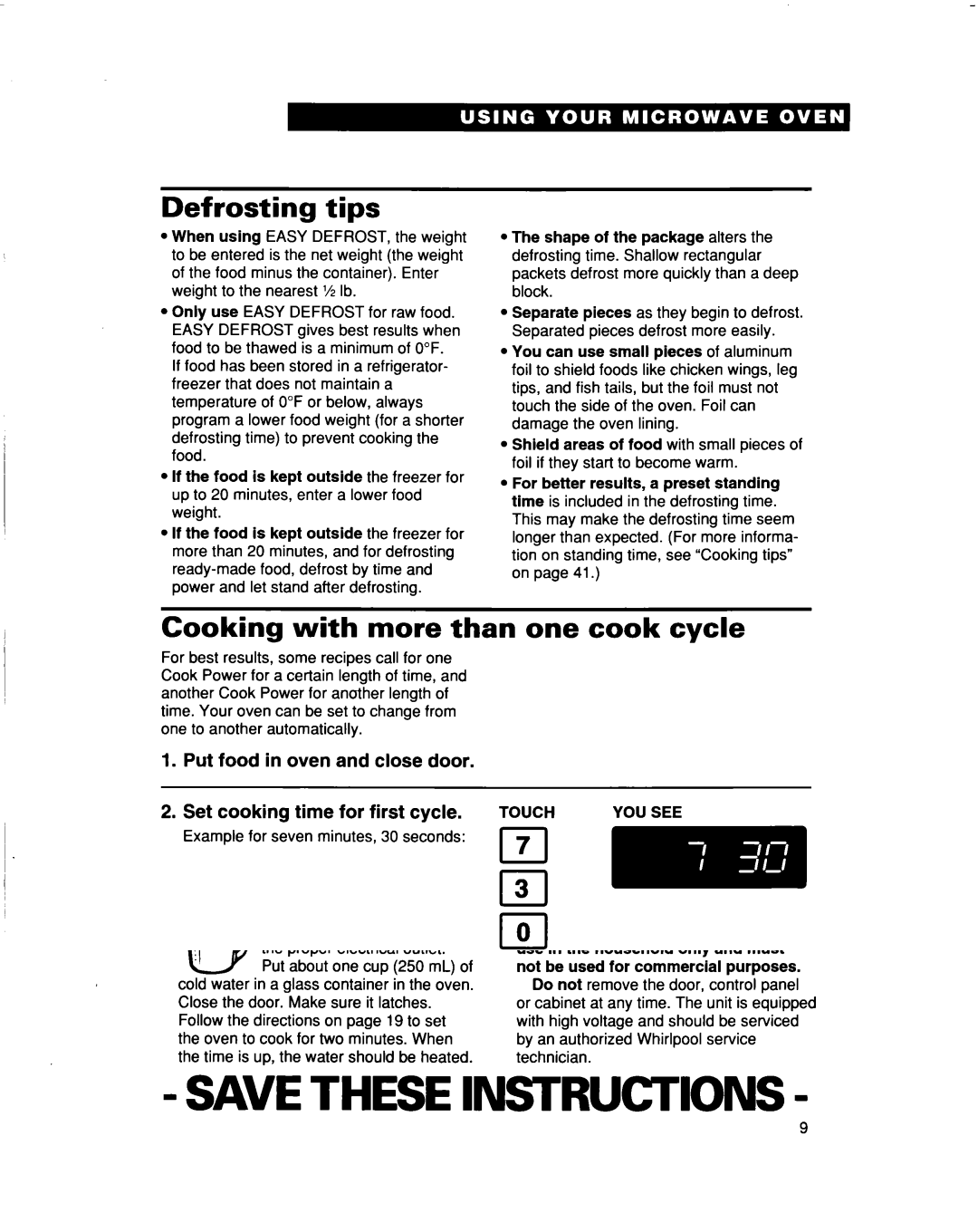 Whirlpool MT5120XAQ Defrosting tips, Cooking with more than one cook cycle, Set Cook Power for first cycle, Twice On next 