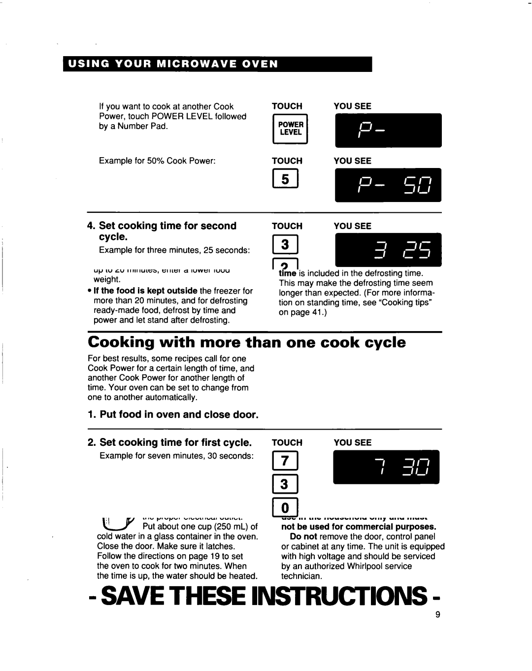 Whirlpool MT5120XAQ Set cooking time for second Cycle, Set Cook Power for second cycle, Touch YOU see Start Enter 