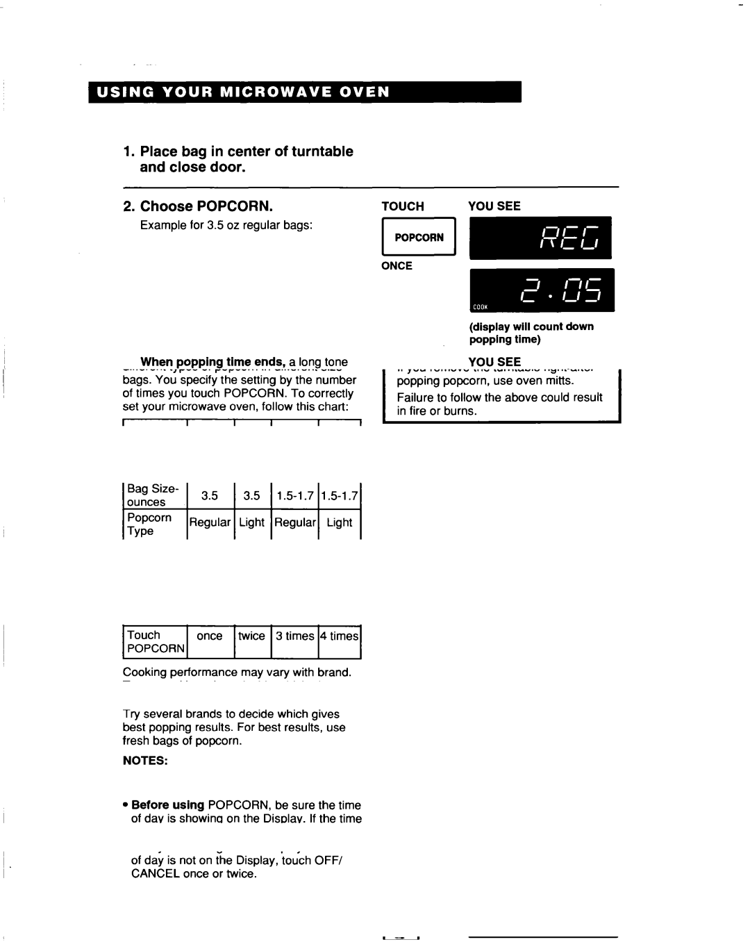 Whirlpool MT5120XAQ installation instructions Touch, When popping time ends, a long tone 