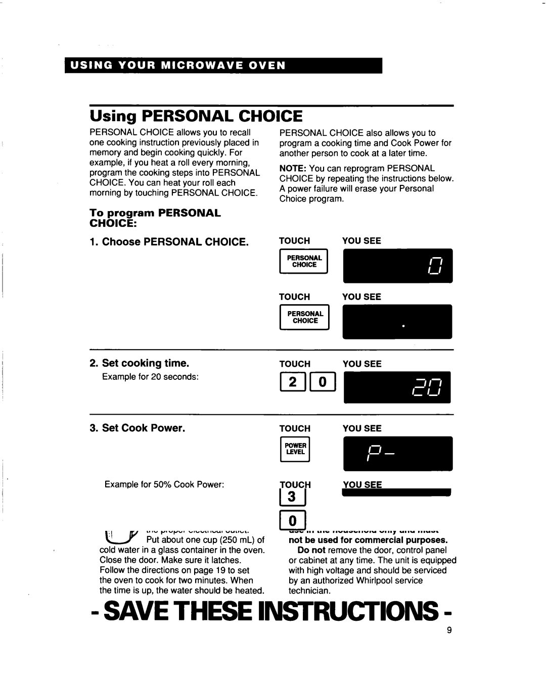 Whirlpool MT5120XAQ Using Personal Choice, To program Personal, Choose Personal Choice Set cooking time 