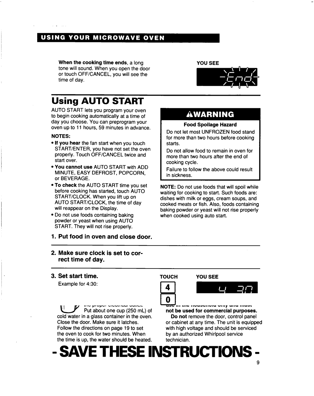 Whirlpool MT5120XAQ installation instructions Using Auto Start, When the cooking time ends, Food Spoilage Hazard 