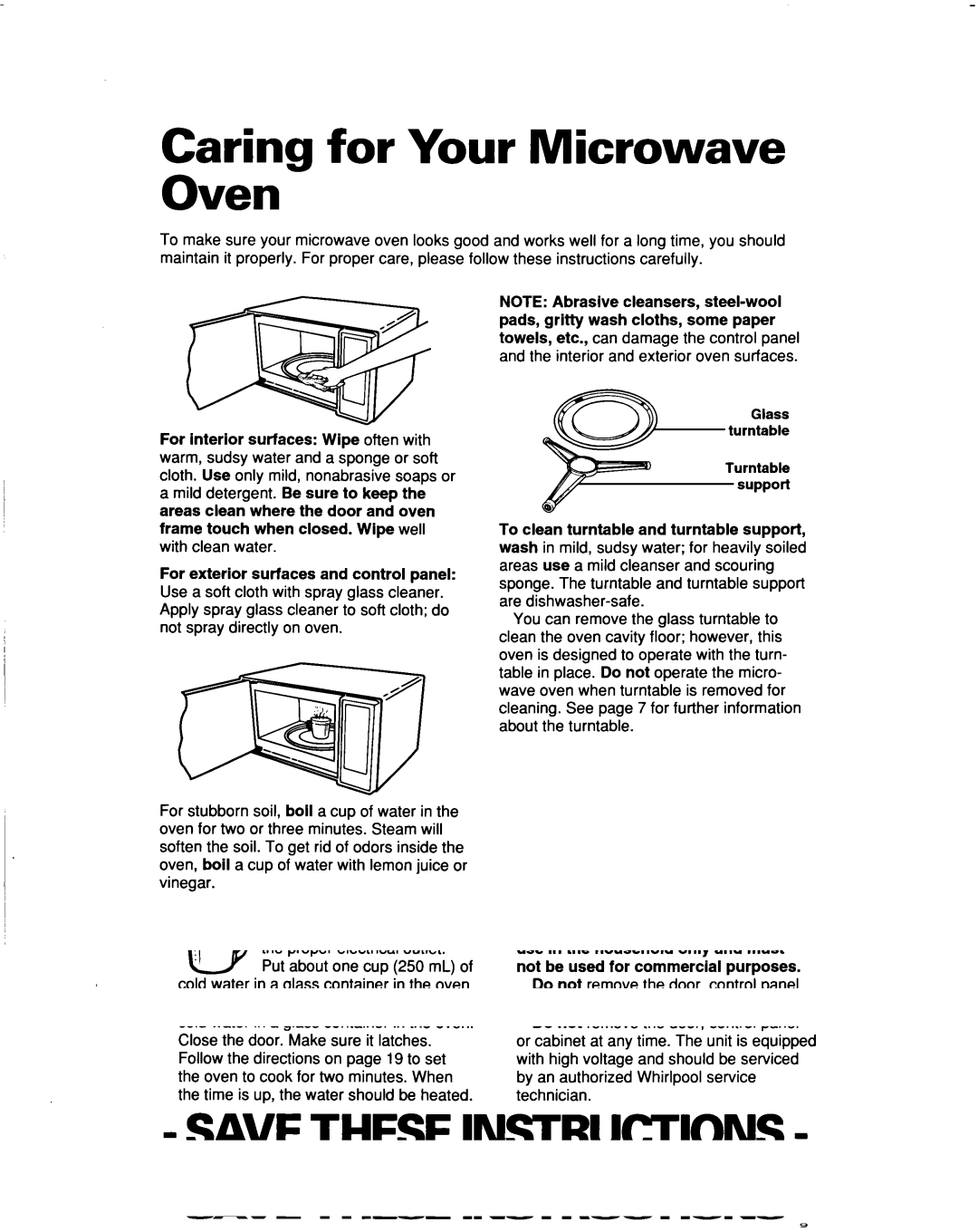 Whirlpool MT5120XAQ installation instructions Caring for Your Microwave Oven, For exterior surfaces and control panel 