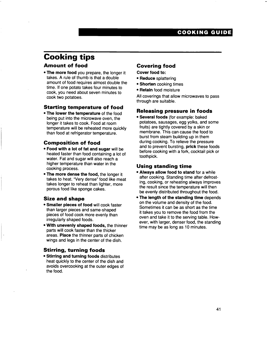 Whirlpool MT5120XAQ installation instructions Cooking tips 