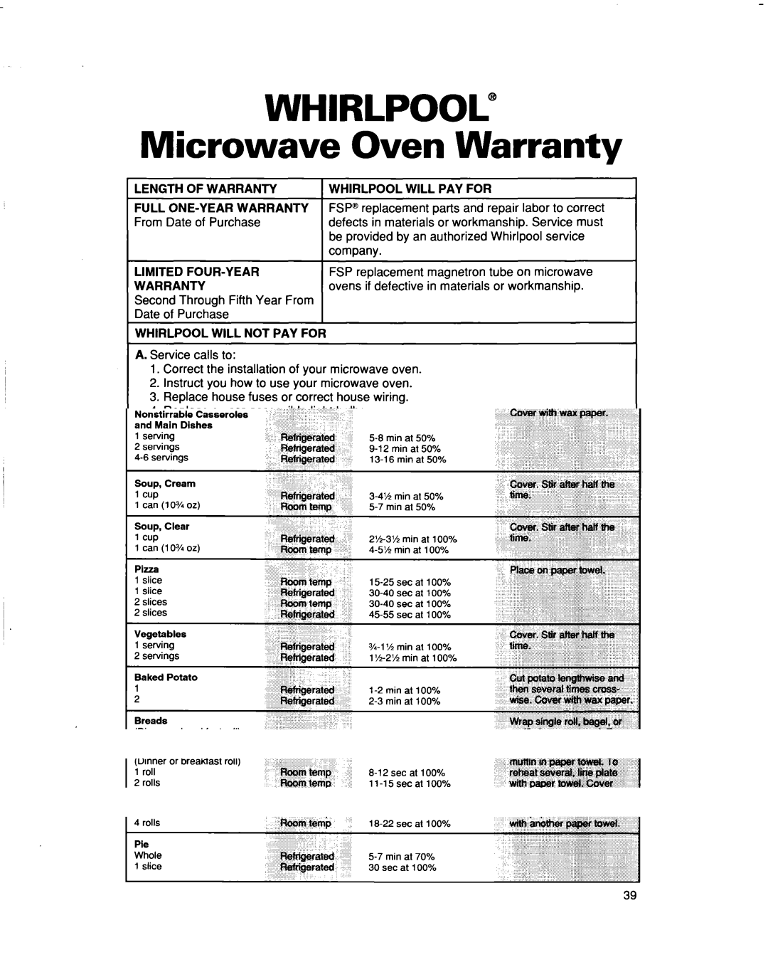 Whirlpool MT5120XAQ installation instructions Full ONE-YEAR Warranty, Limited FOUR-YEAR, Whirlpool will not PAY for 