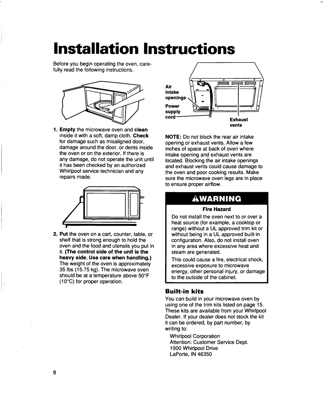 Whirlpool MT5120XAQ installation instructions Installation Instructions, Built-in kits, Flre Hazard 