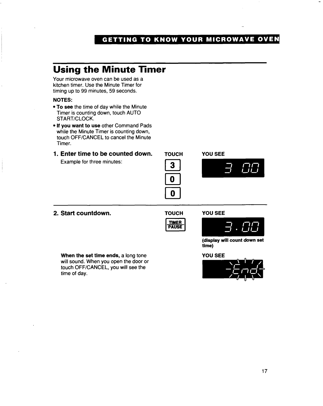 Whirlpool MT5120XAQ Using, Minute, limer, Enter, time to, be counted, Start countdown, You See 