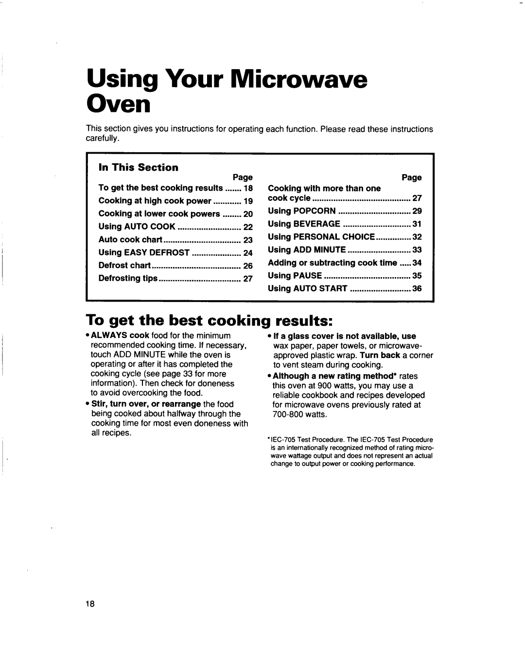 Whirlpool MT5120XAQ Using Your Microwave Oven, To get the best cooking, results, Page Cooking with more than one, watts 