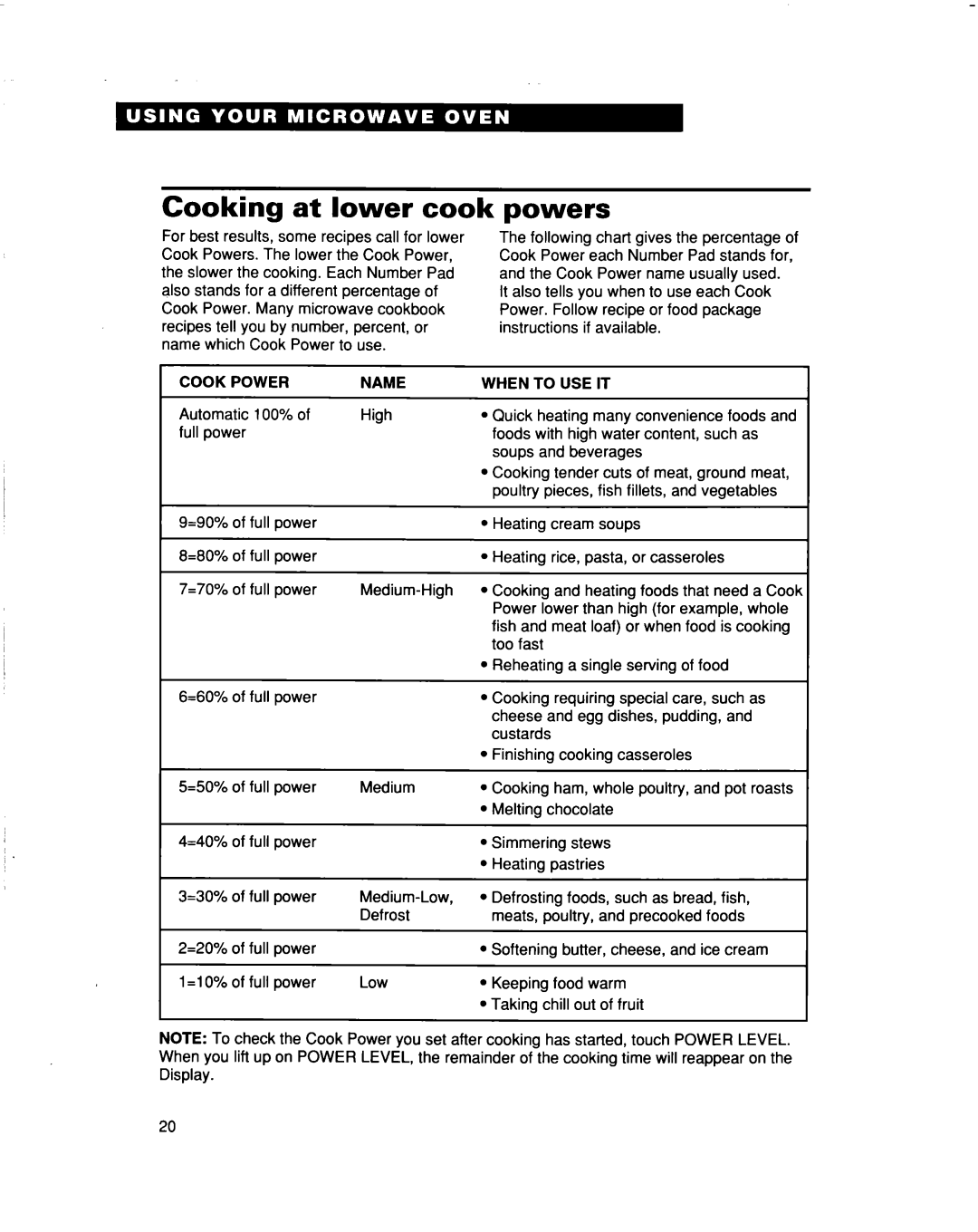 Whirlpool MT5120XAQ installation instructions Cooking at lower cook, powers, Cook Power, Name 