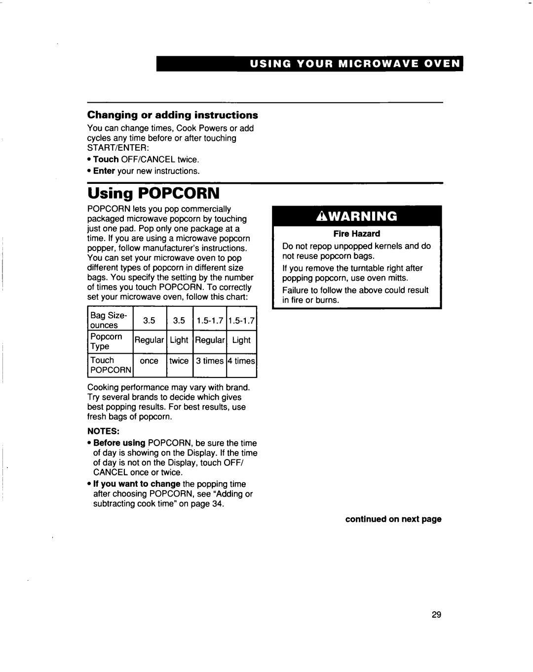 Whirlpool MT5120XAQ Using POPCORN, Changing or adding instructions, Fire Hazard, continued on next page 