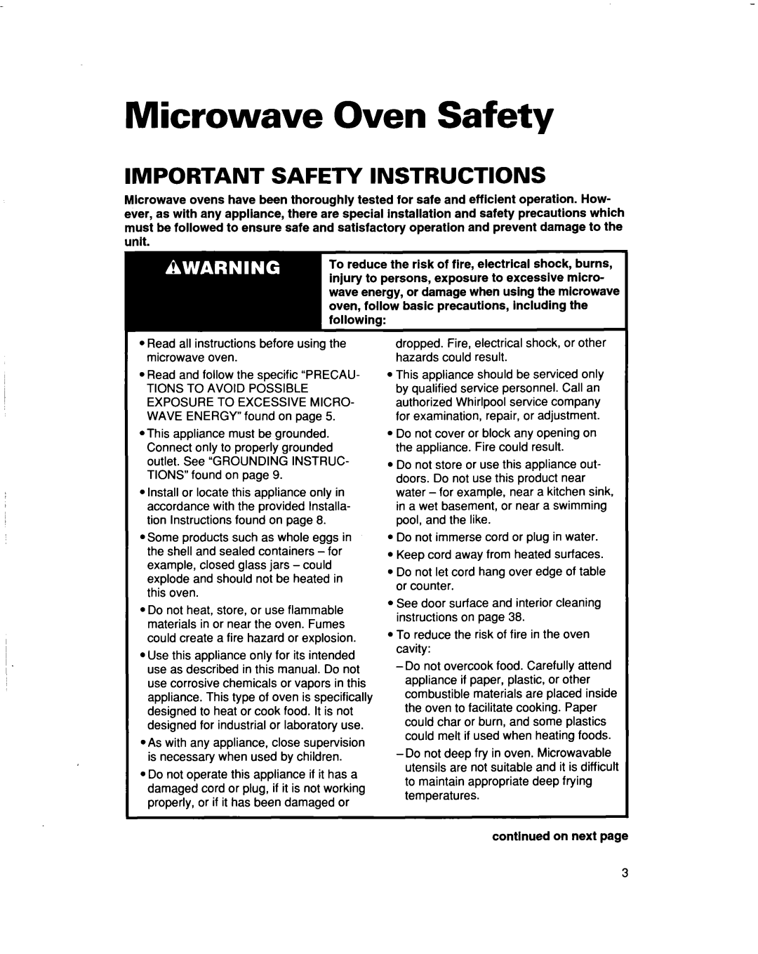 Whirlpool MT5120XAQ installation instructions Microwave Oven Safety, Important Safety Instructions, continued on next page 