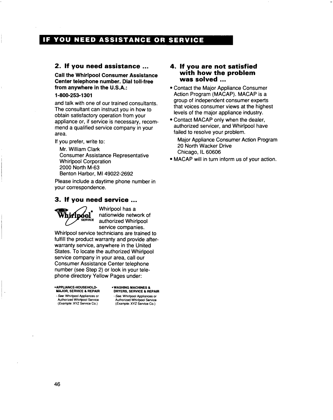 Whirlpool MT5120XAQ installation instructions If you need assistance, If you need service 