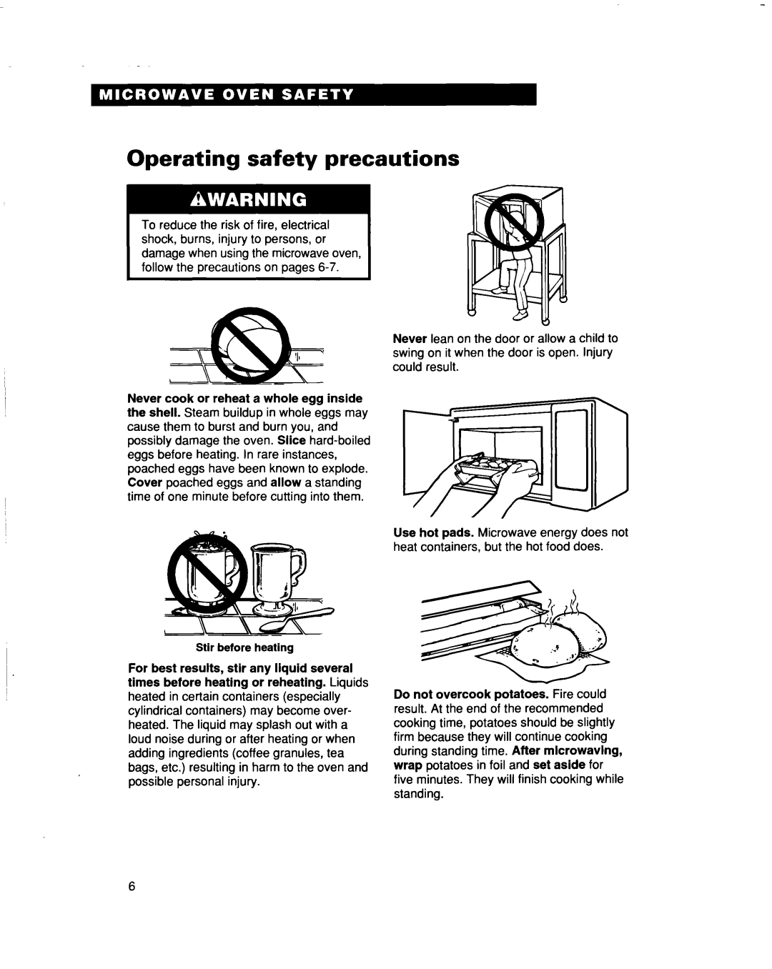 Whirlpool MT5120XAQ installation instructions Operating safety precautions, Stir before heating 