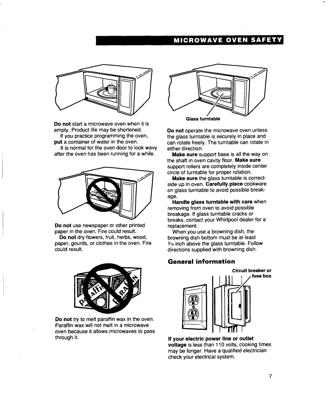 Whirlpool MT5120XAQ installation instructions General information, Glass turntable, If your electric power line or outlet 