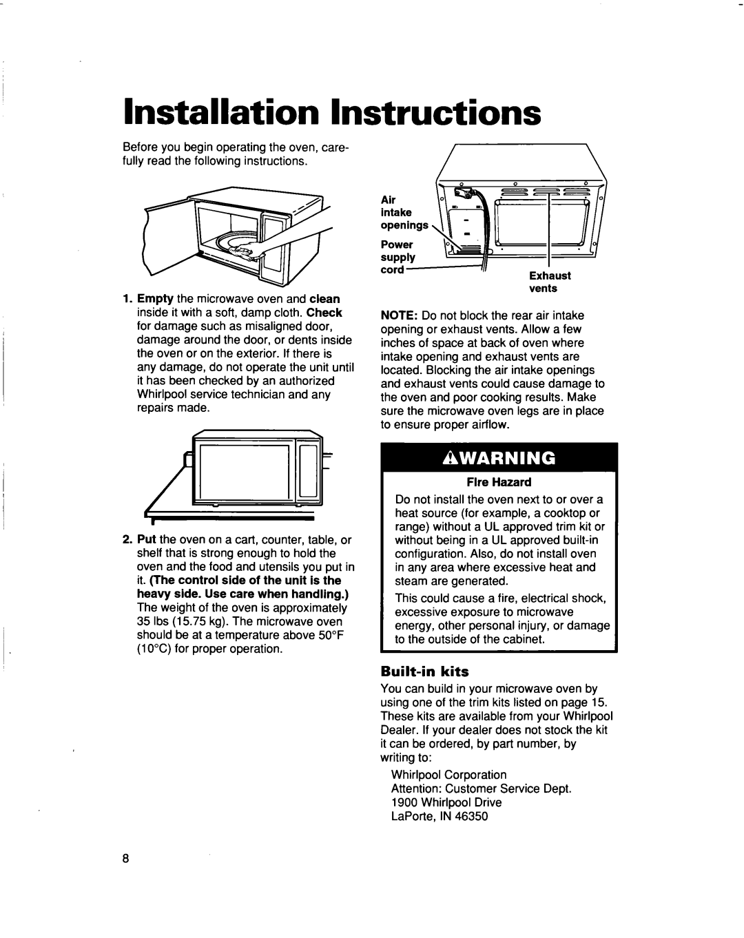 Whirlpool MT5120XAQ installation instructions Installation Instructions, Built-inkits, Flre Hazard 