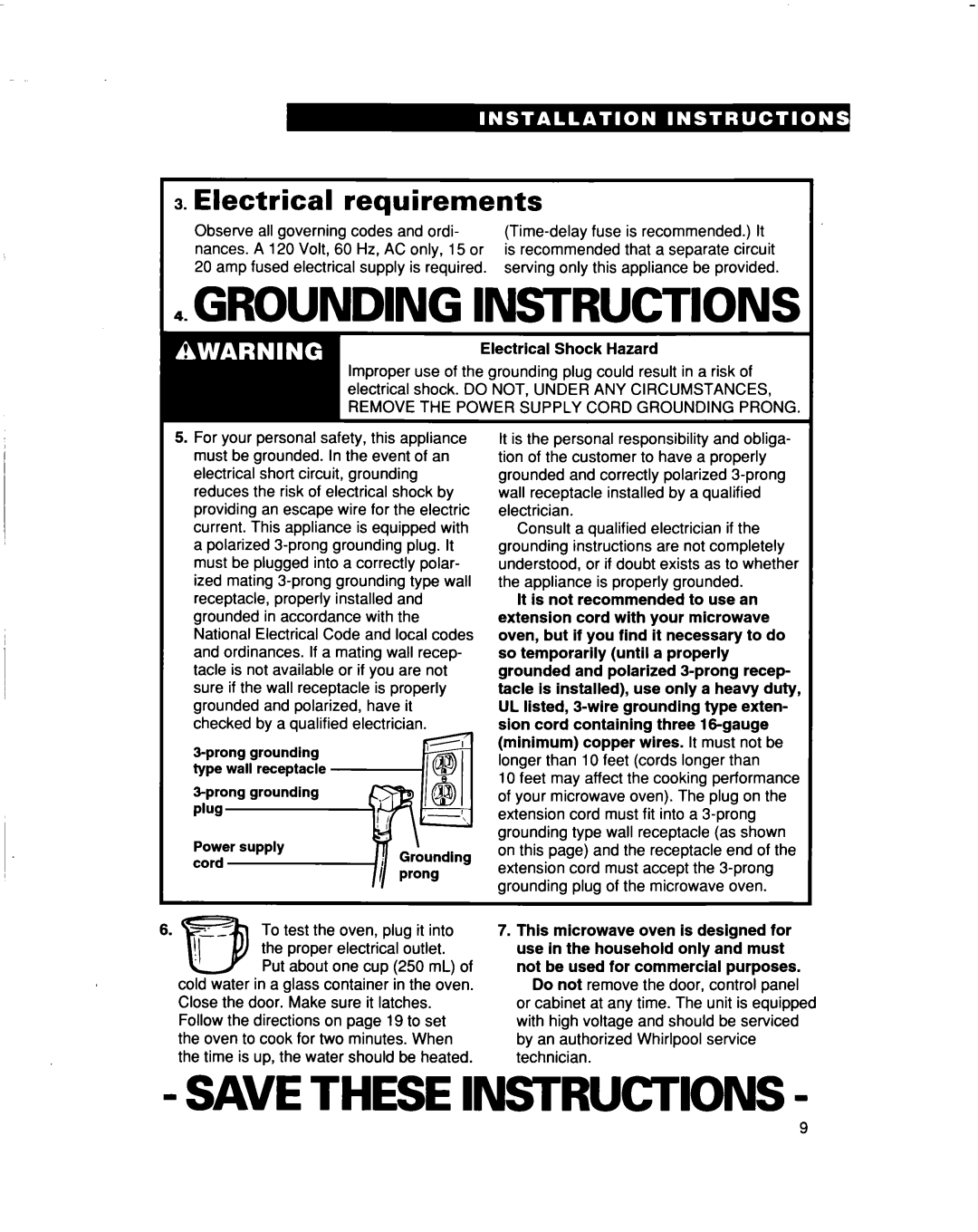 Whirlpool MT5120XAQ installation instructions 4GROUNDING. INSTRUCTIONS, Save These Instructions, Electrical requirements 