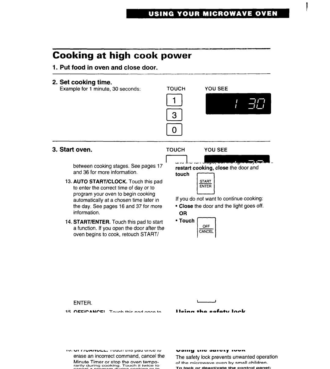 Whirlpool MT6120XBB Cooking at high cook power, Put food in oven and close door Set cooking time, Start oven, YOU see 