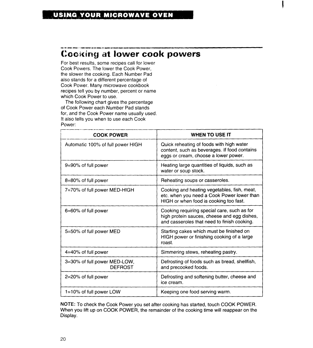 Whirlpool MT6120XBQ, MT6120XBB installation instructions ChMng at lower cook powers 