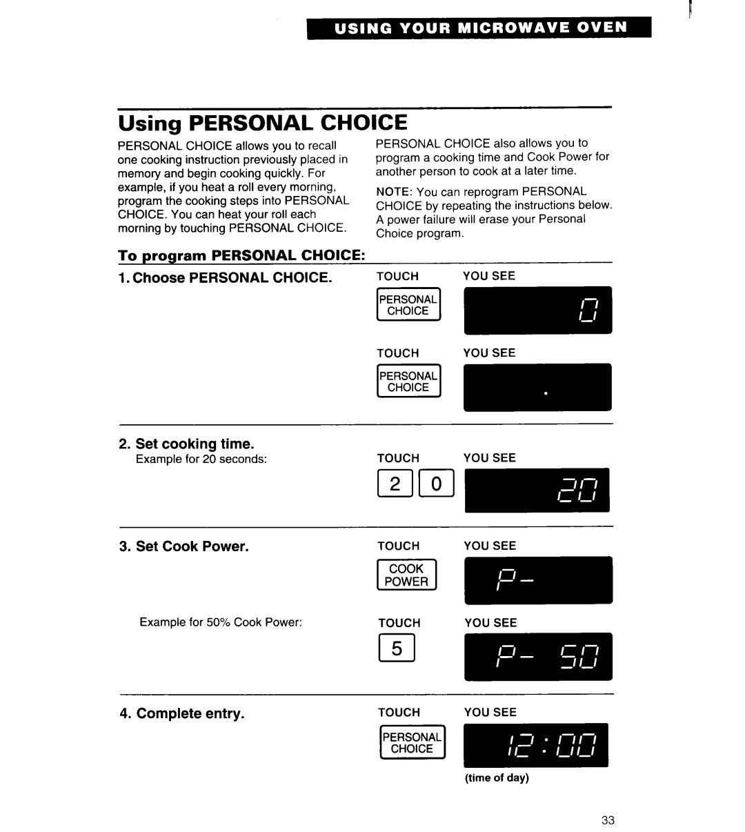 Whirlpool MT6120XBB, MT6120XBQ installation instructions Using Personal Choice, Set cooking time 