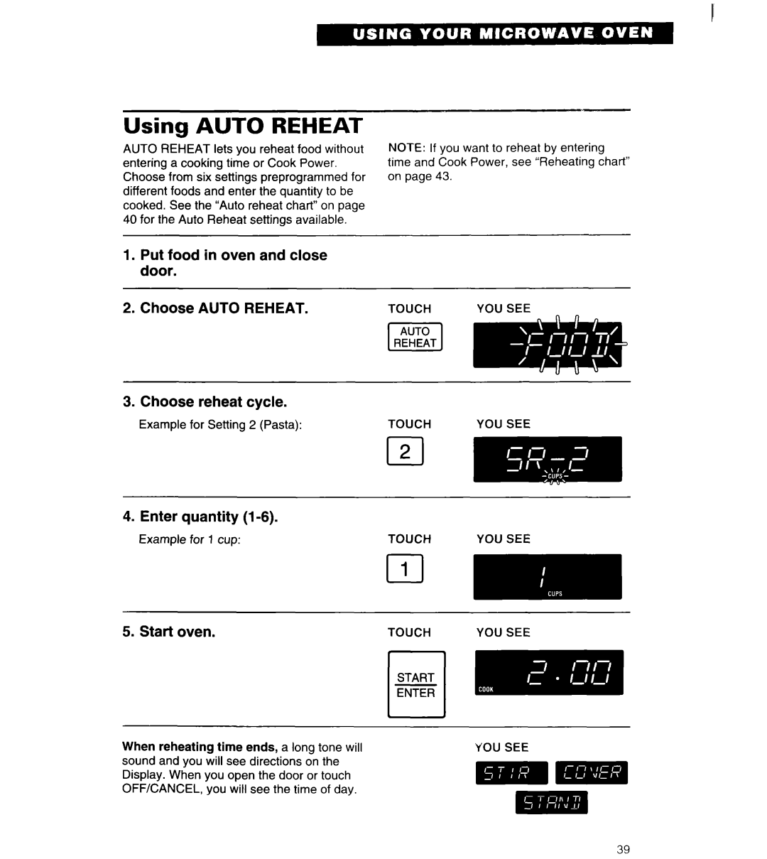 Whirlpool MT6120XBB, MT6120XBQ Using Auto Reheat, Put food in oven and close door Choose Auto Reheat, Choose reheat cycle 