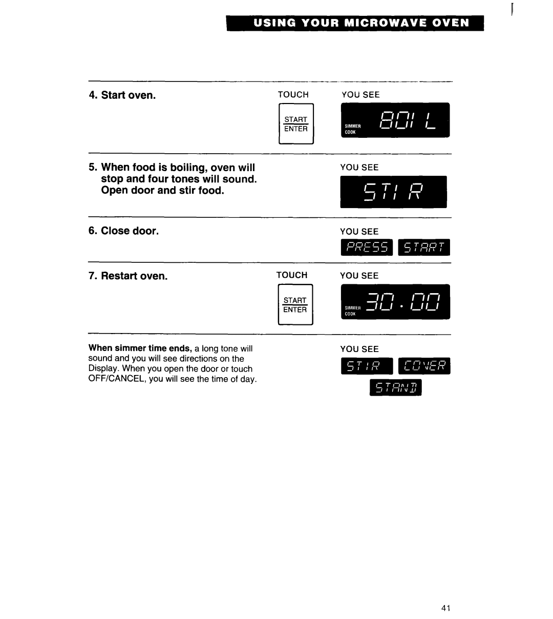 Whirlpool MT6120XBB, MT6120XBQ installation instructions Start oven When Food is boiling, oven will, Start Enter 