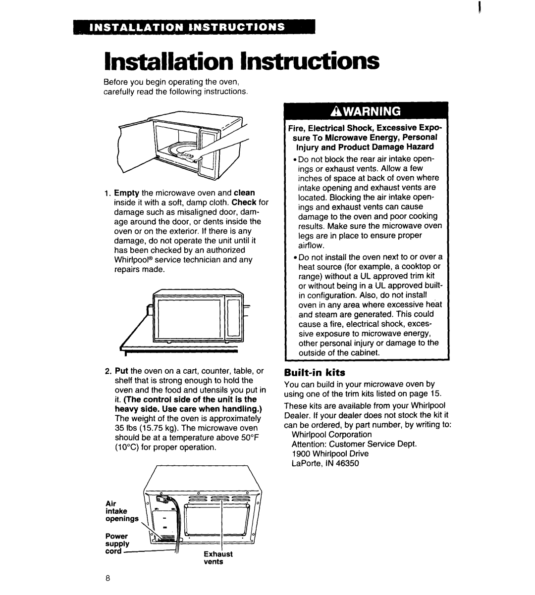 Whirlpool MT6120XBQ, MT6120XBB installation instructions Installation Instructions, Built-in kits 