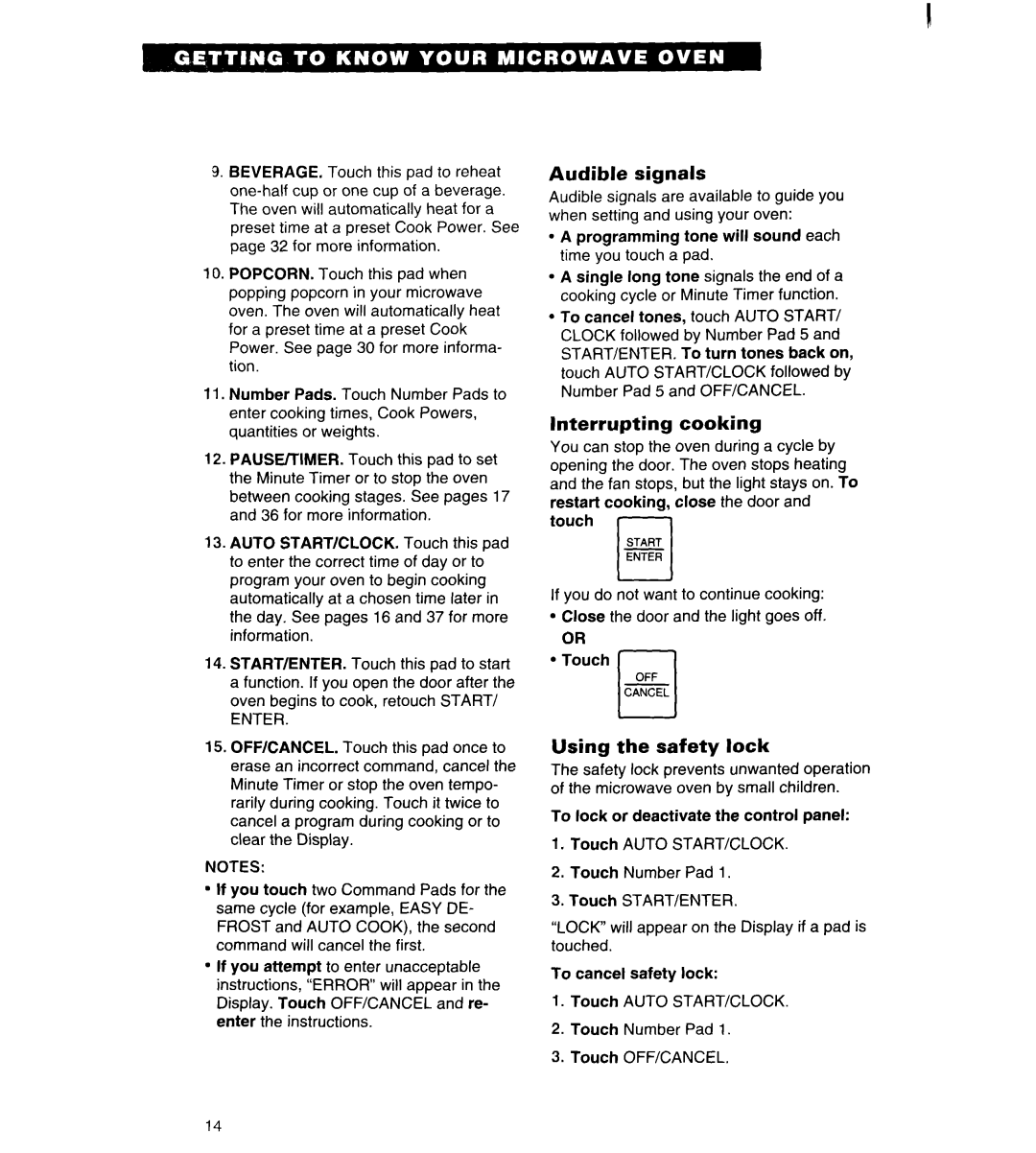 Whirlpool MT6120XBQ, MT6120XBB installation instructions Audible signals, Interrupting cooking, Using the safety lock 