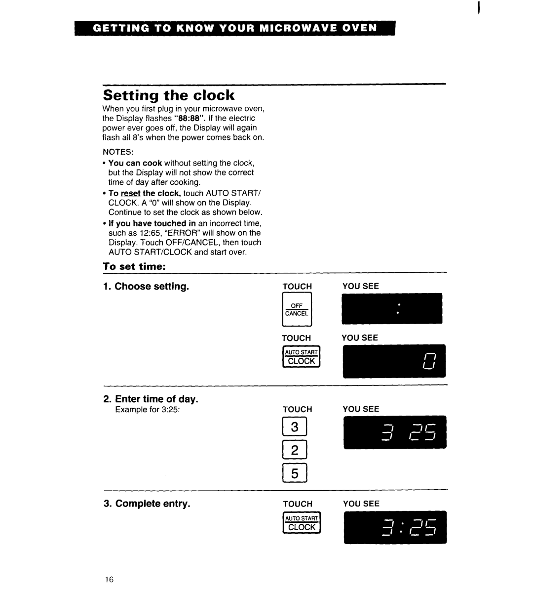 Whirlpool MT6120XBQ, MT6120XBB Setting the clock, To set time 1. Choose setting, Enter time of day, Complete entry 