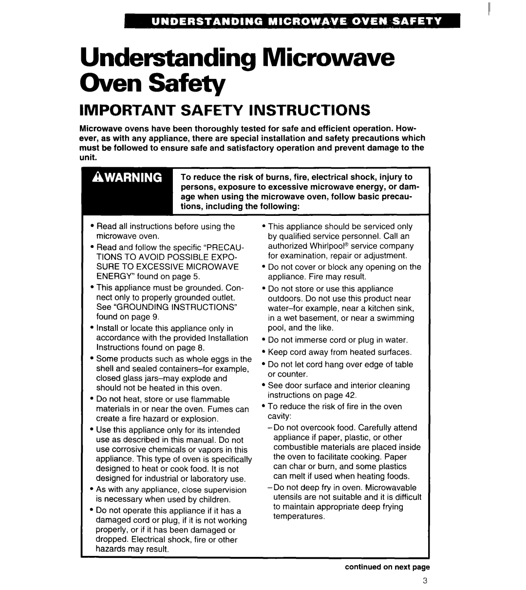 Whirlpool MT6120XBB, MT6120XBQ installation instructions Understanding Microwave Oven Safety, Important Safety Instructions 