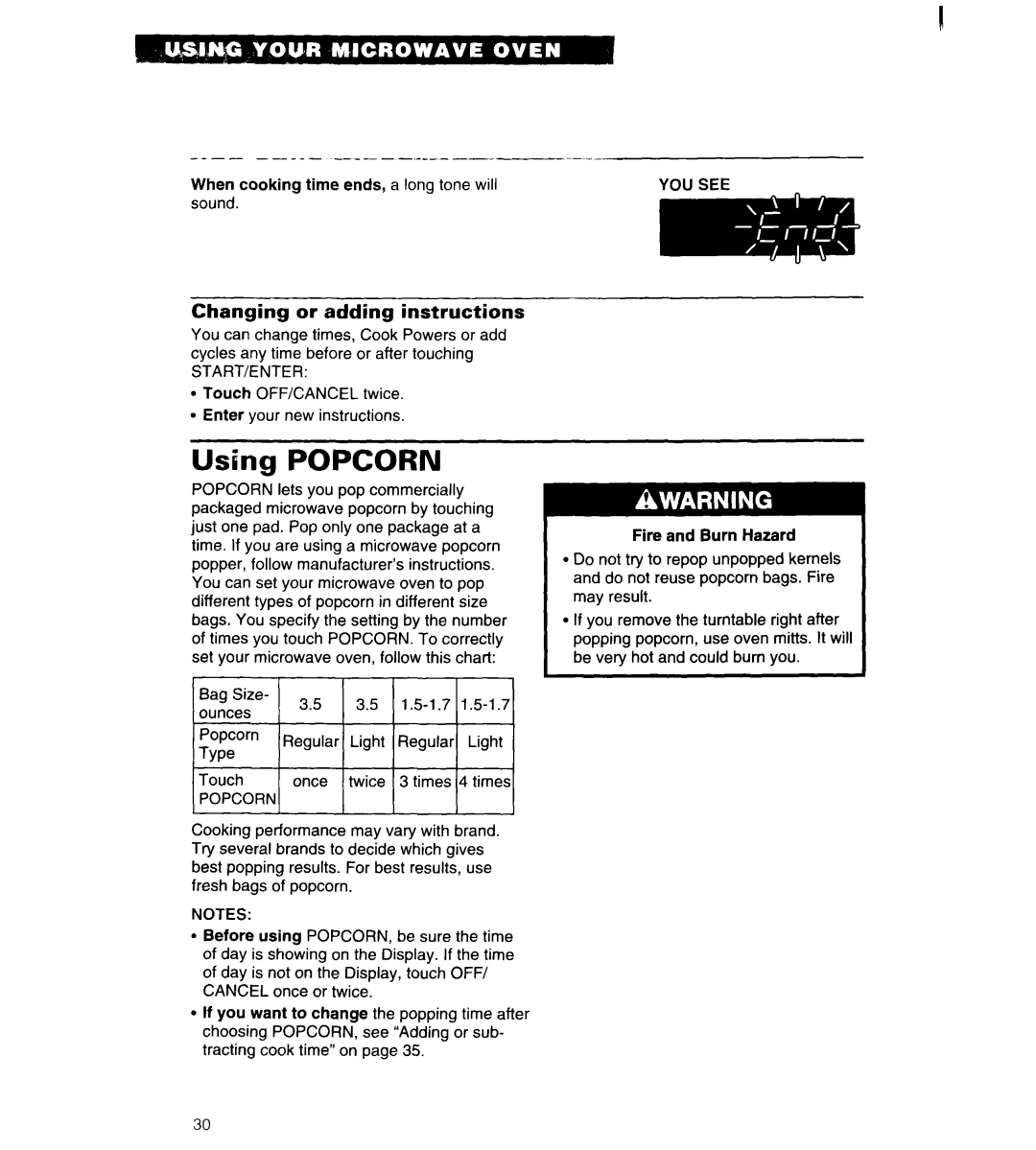 Whirlpool MT6120XBQ, MT6120XBB installation instructions Using, Popcorn, Changing or adding instructions 