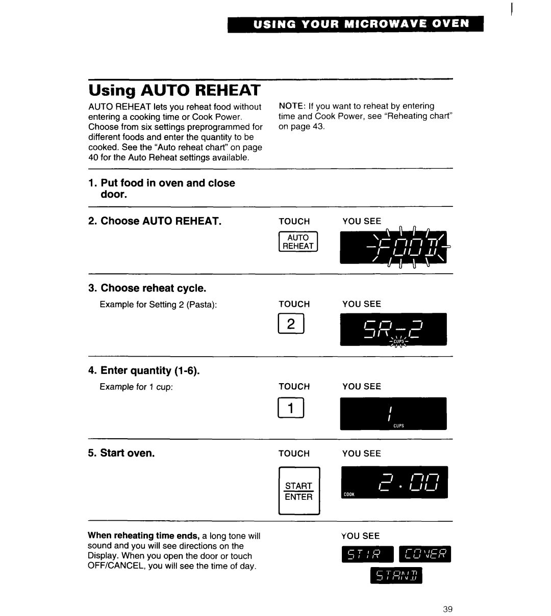 Whirlpool MT6120XBB, MT6120XBQ Using AUTO REHEAT, Put food in oven and close door, Choose AUTO REHEAT, Choose reheat cycle 
