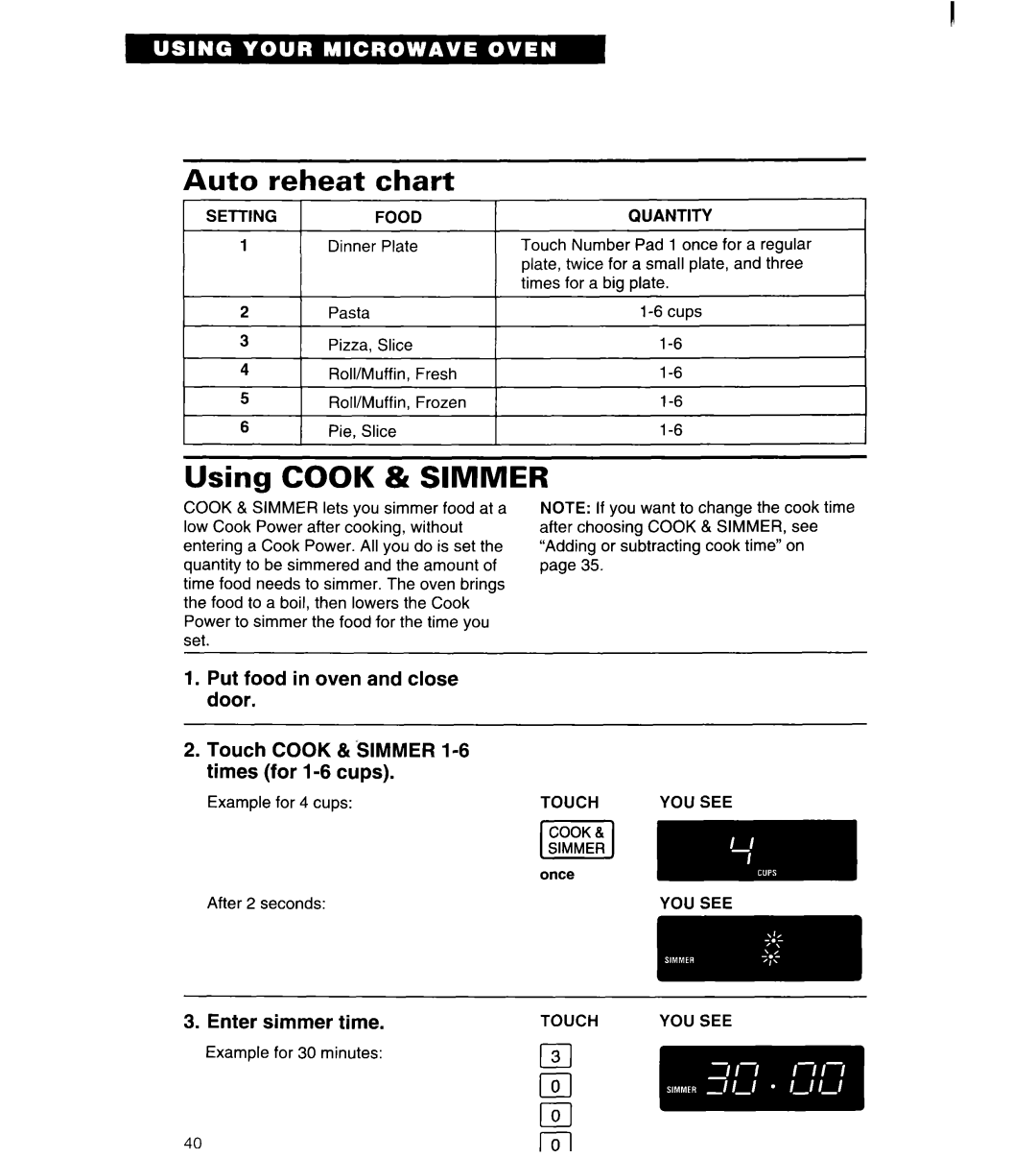 Whirlpool MT6120XBQ Auto reheat chart, Cook, Simmer, ElEBR, Using, Put food in oven and close door, Enter simmer time 