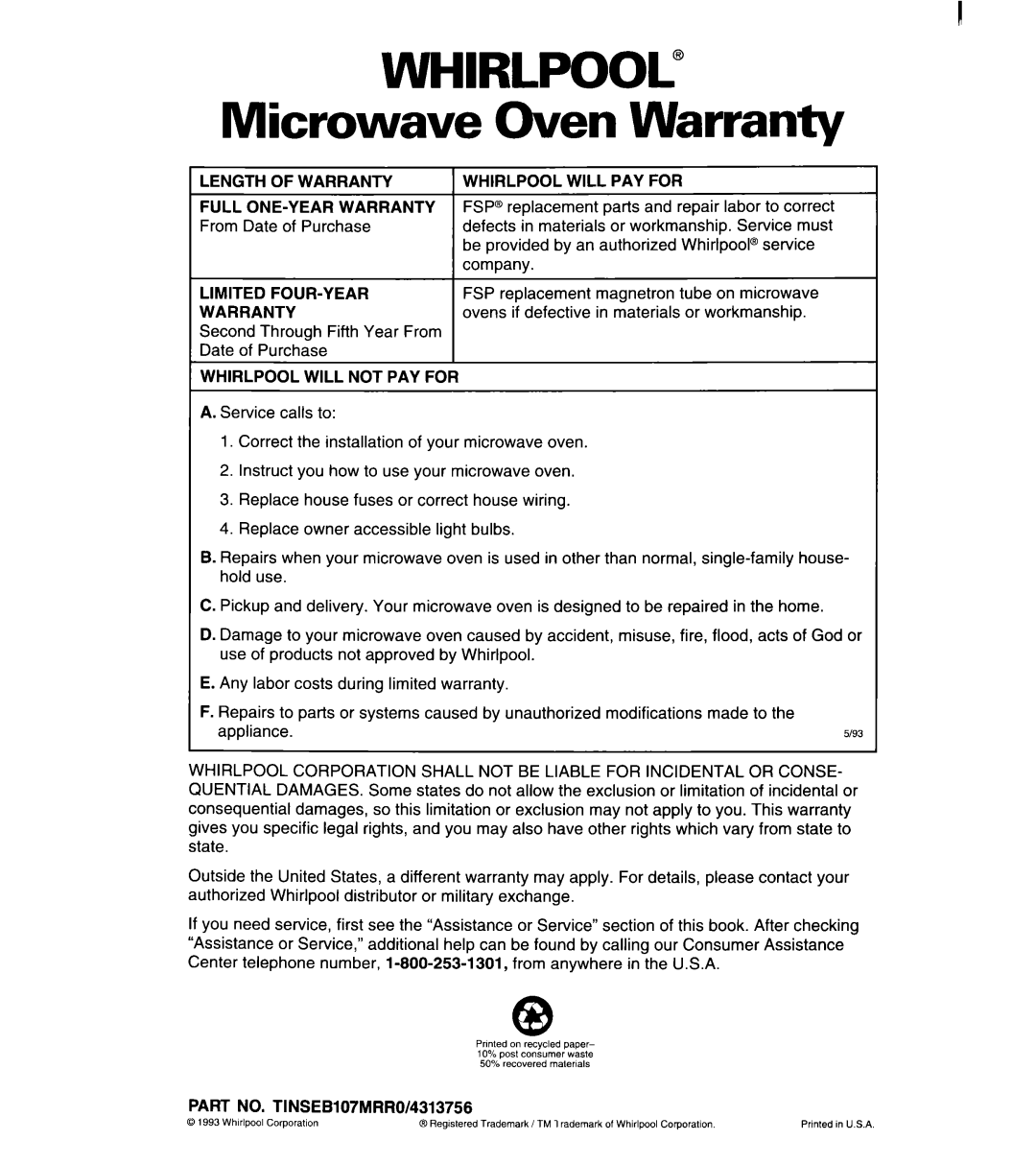 Whirlpool MT6120XBB, MT6120XBQ installation instructions WHIRLPOOL” Microwave Oven Warranty 