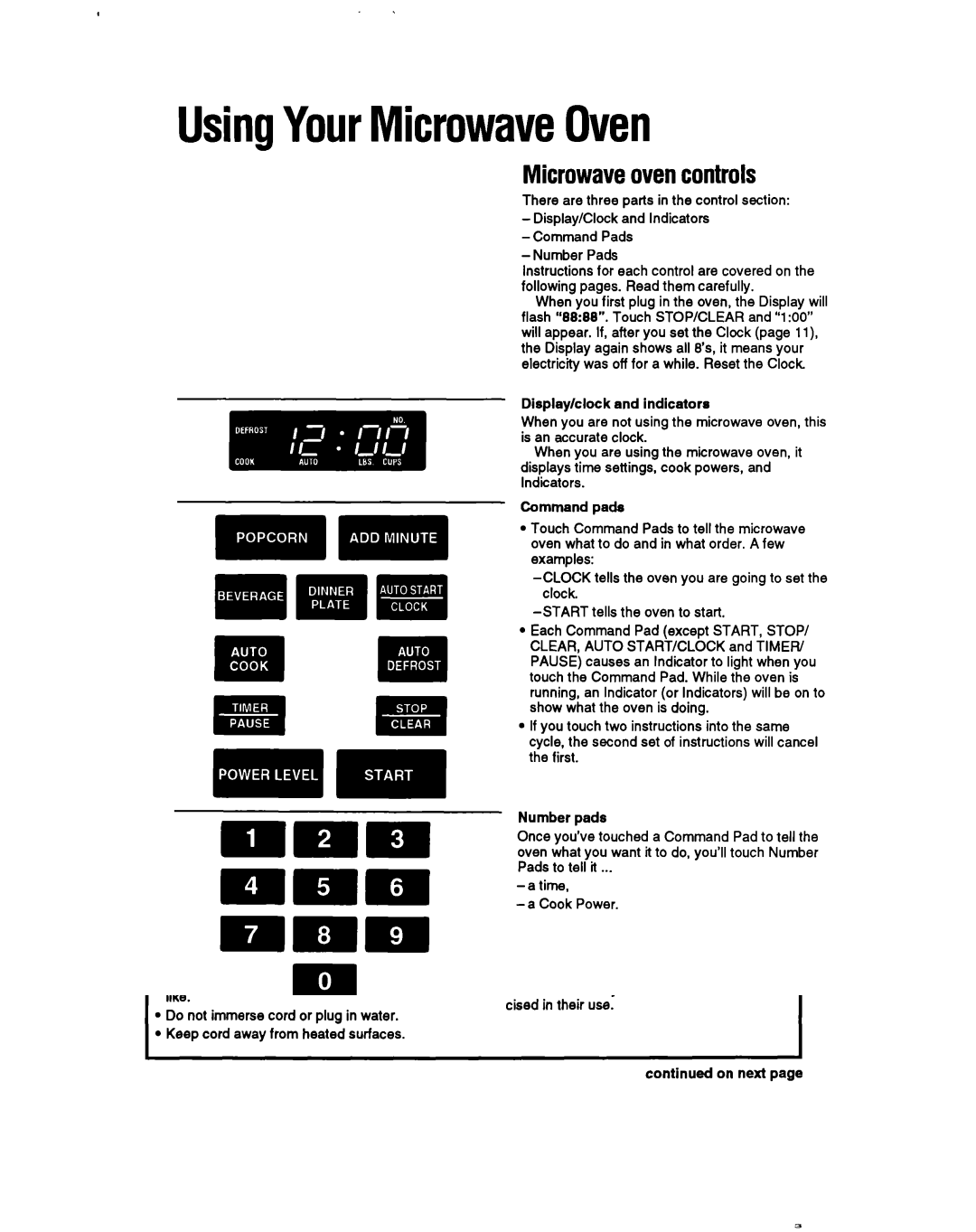 Whirlpool MT6901XW, MT6120XY UsingYourMicrowaveOven, Microwaveovencontrols, Command pads, Number pads, Display messages 