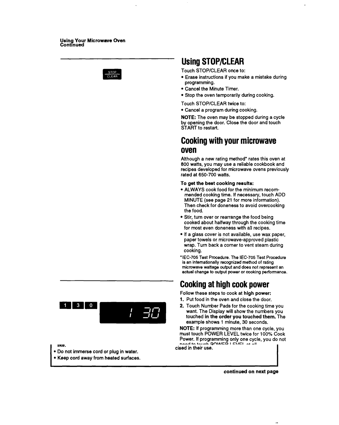 Whirlpool MT6120XY, MT6901XW, MT69OOXW manual UsingSTOP/CLEAR, Cookingat highcookpower, Using Your Microweve Oven Contmued 