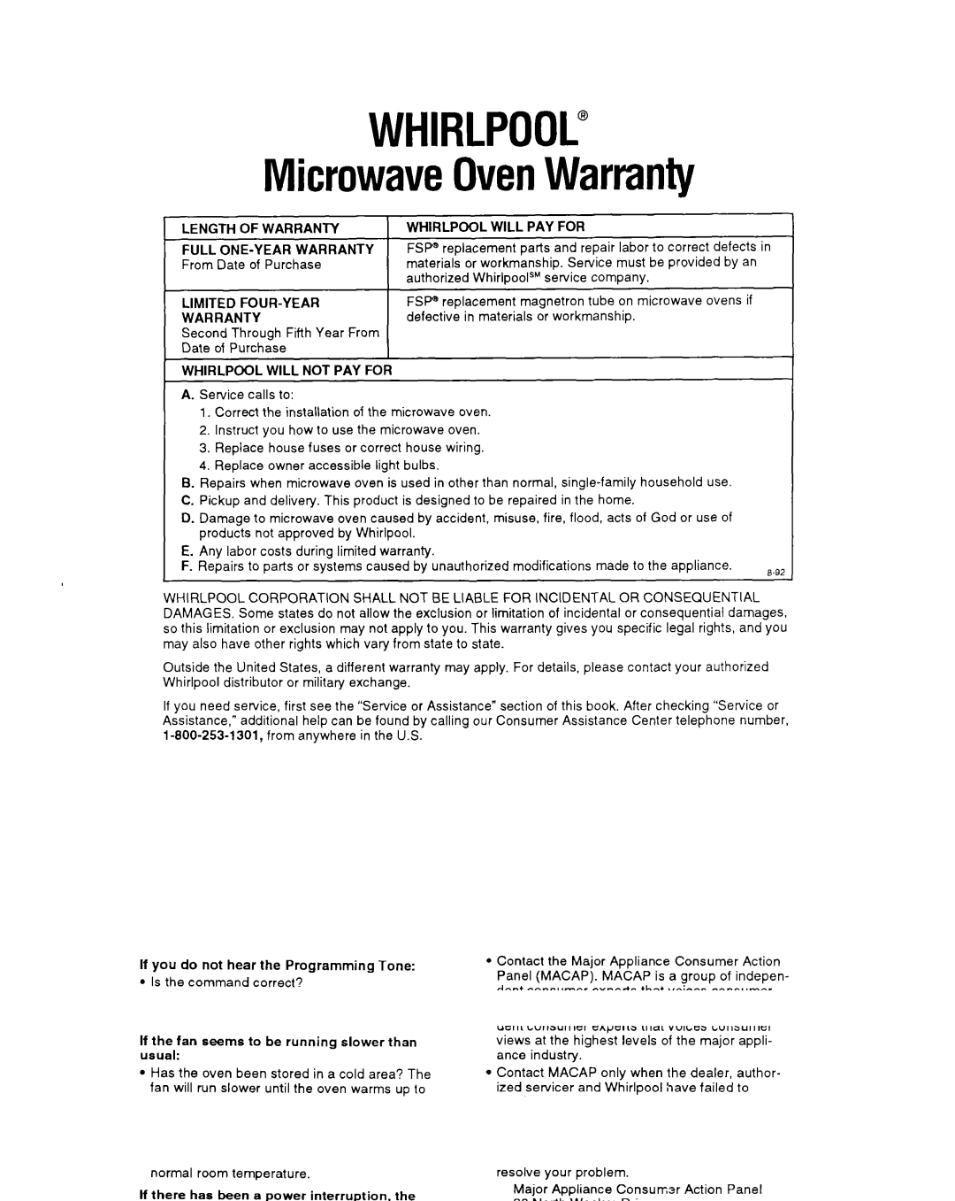 Whirlpool MT6120XY Replacement Parts, From Date of Purchase, Service Must Be provided by an, Tube On microwave Ovens if 