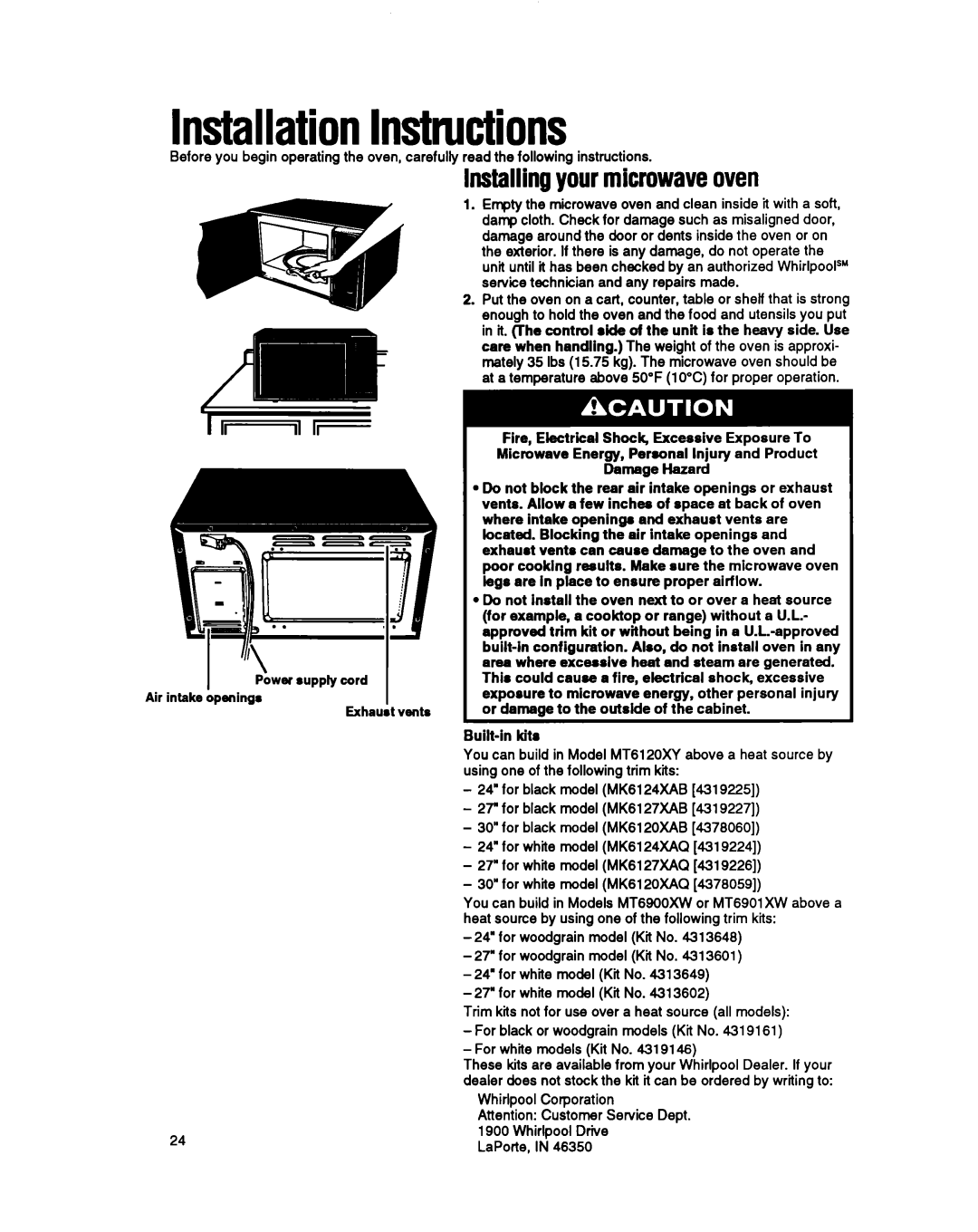 Whirlpool MT6120XY, MT6901XW, MT69OOXW manual InstallationInstructions, Installingyhr microwaveoven 