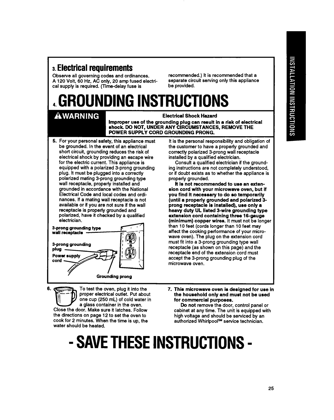 Whirlpool MT6901XW, MT6120XY, MT69OOXW manual 4GROUNDING.INSTRUCTIONS, Savetheseinstructions, Electricalrequirements 