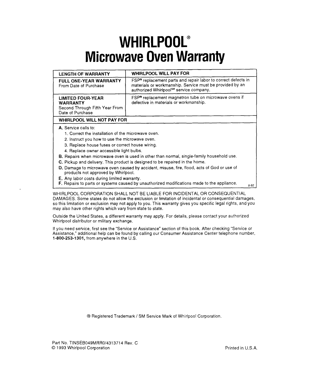 Whirlpool MT6120XY, MT6901XW, MT69OOXW manual Whirlpool”, MicrowaveOvenWarranty 