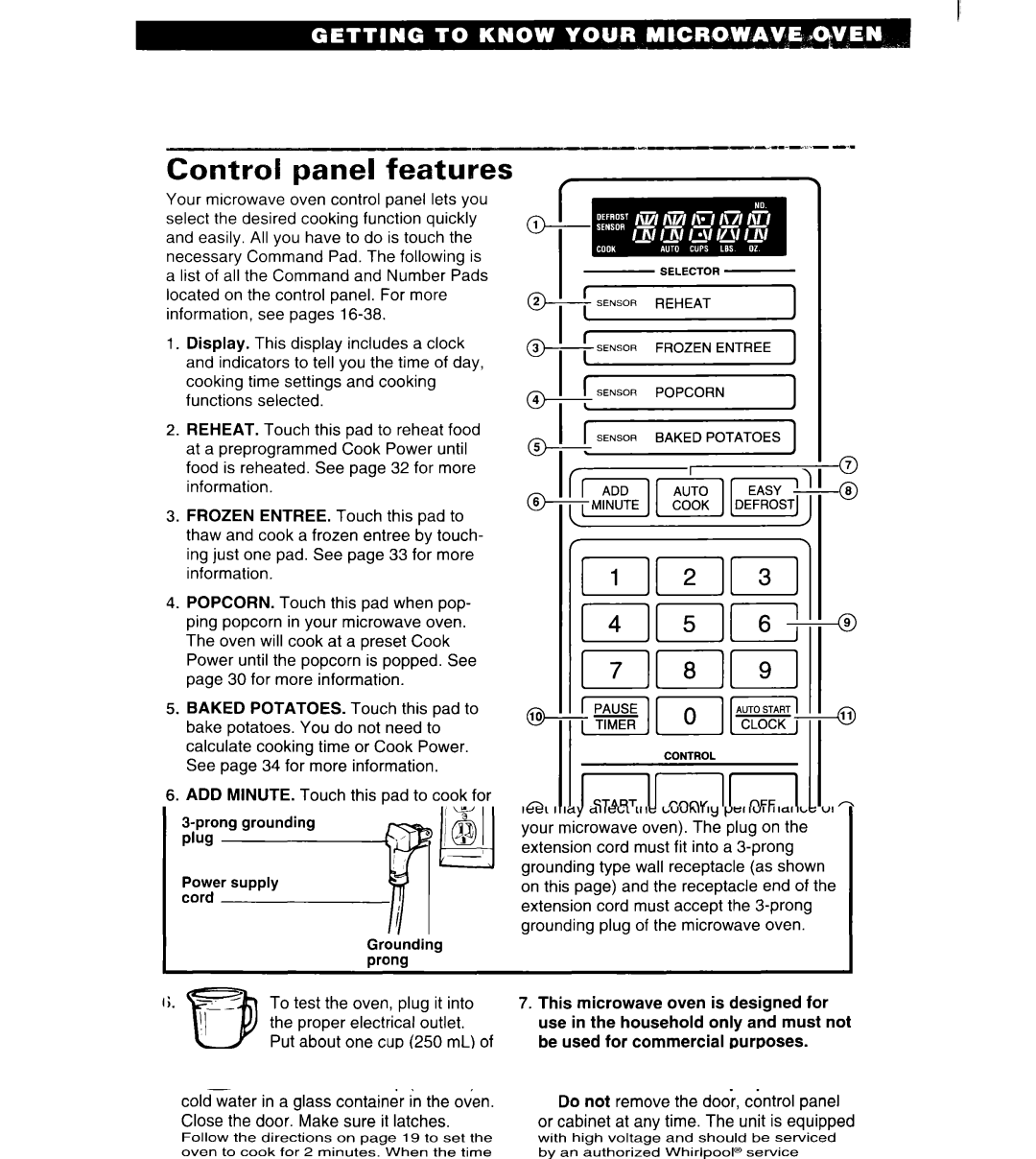 Whirlpool MT6125XBB/Q installation instructions Control panel features 