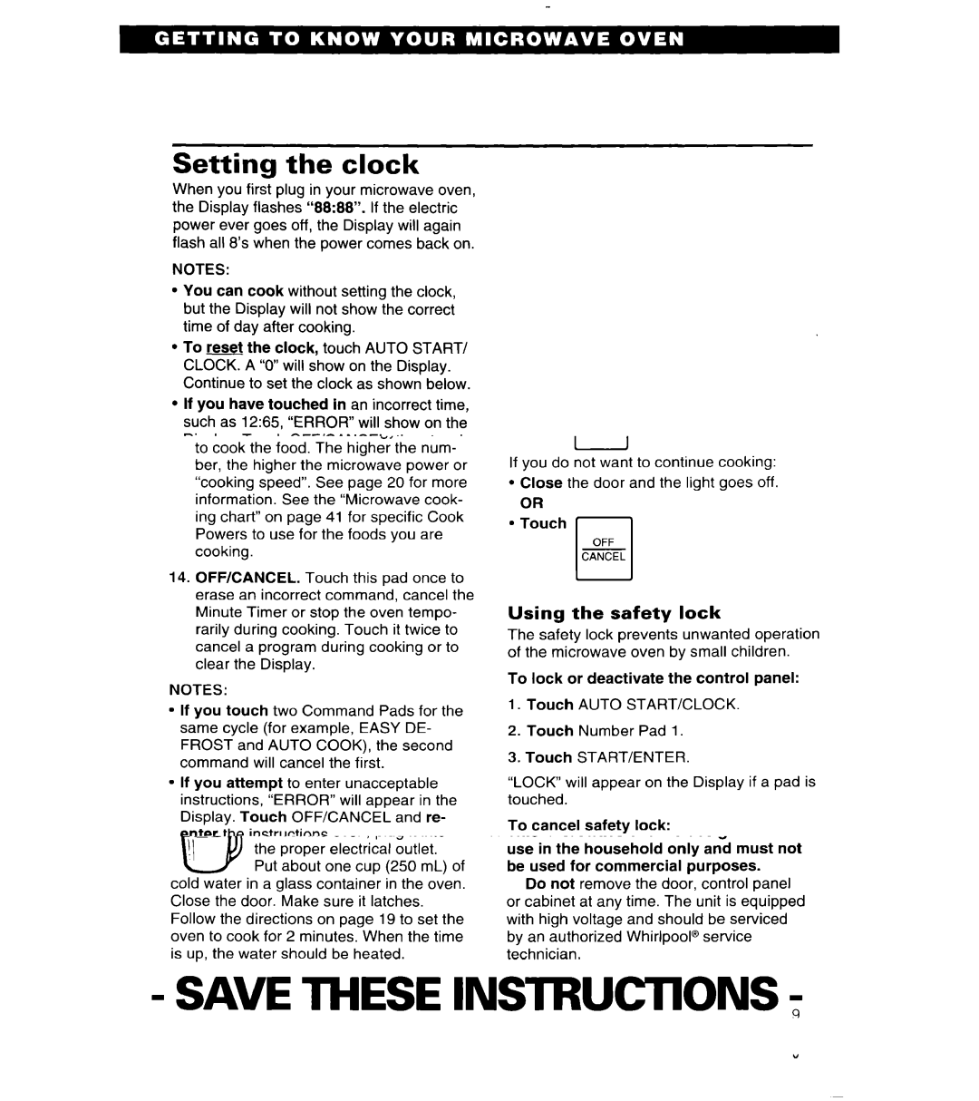 Whirlpool MT6125XBB/Q Setting the clock, Choose setting Enter time of day, Complete entry, To set time, Touch YOU see 