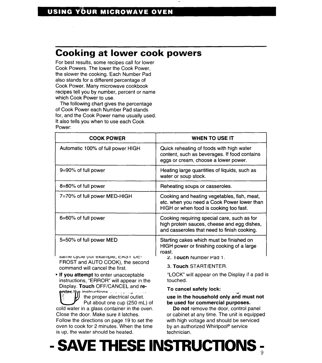 Whirlpool MT6125XBB/Q installation instructions Cooking at lower cook powers 