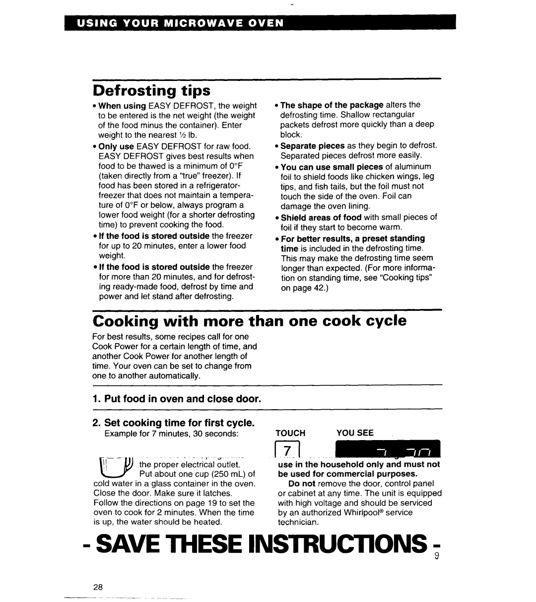 Whirlpool MT6125XBB/Q Defrosting tips, Cooking with more than one cook cycle, Set Cook Power for first cycle 