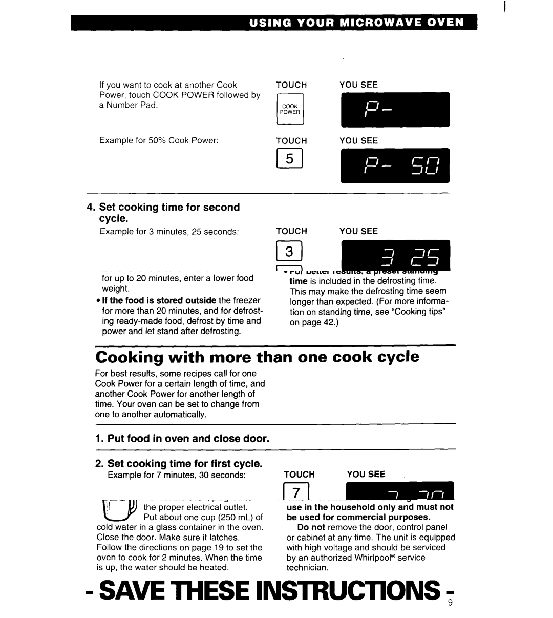 Whirlpool MT6125XBB/Q installation instructions Set cooking time for second cycle, Set Cook Power for second cycle, Touch 