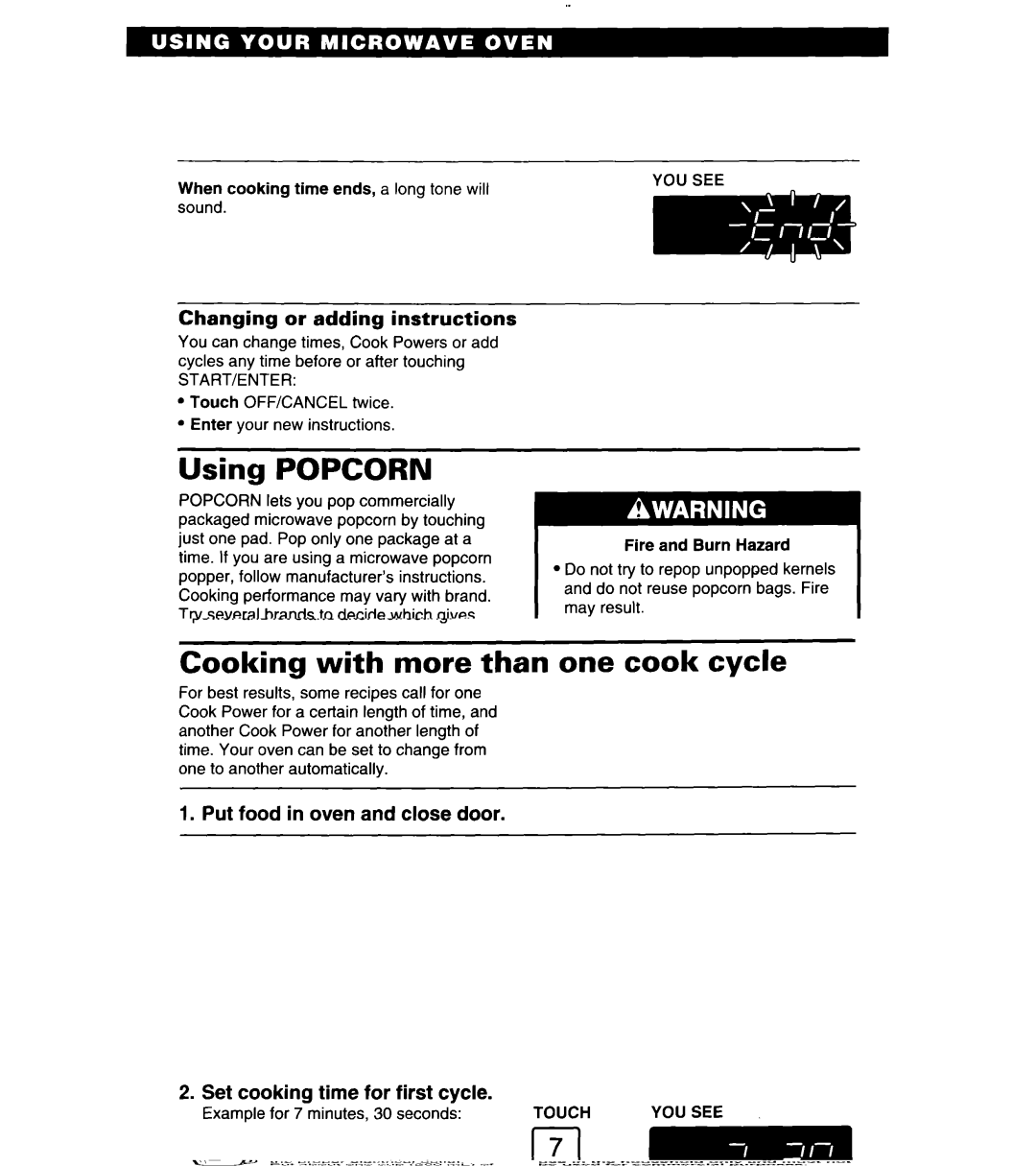 Whirlpool MT6125XBB/Q installation instructions Using Popcorn, Changing or adding instructions, Start/Enter 