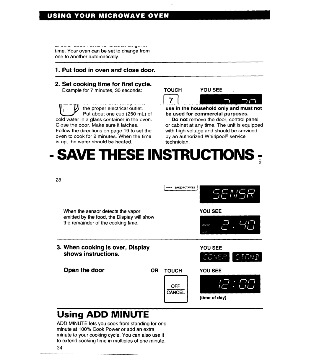 Whirlpool MT6125XBB/Q Using-BAKED Potatoes, Using ADD Minute, Put food in oven and close Door Choose Baked Potatoes 