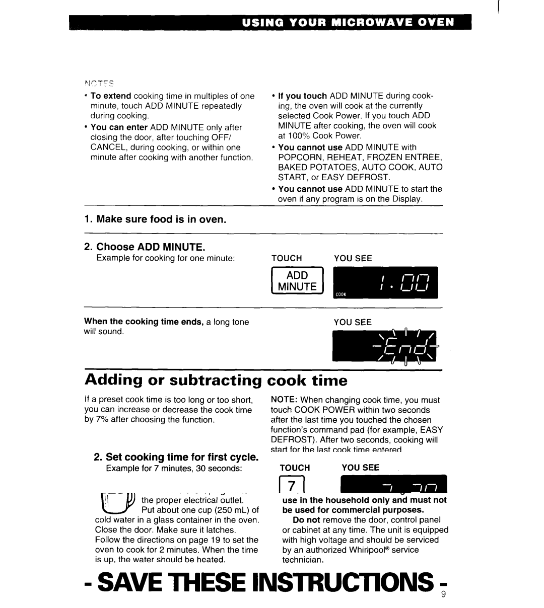 Whirlpool MT6125XBB/Q Adding or subtracting, Cook time, Make sure food is in oven Choose ADD Minute 