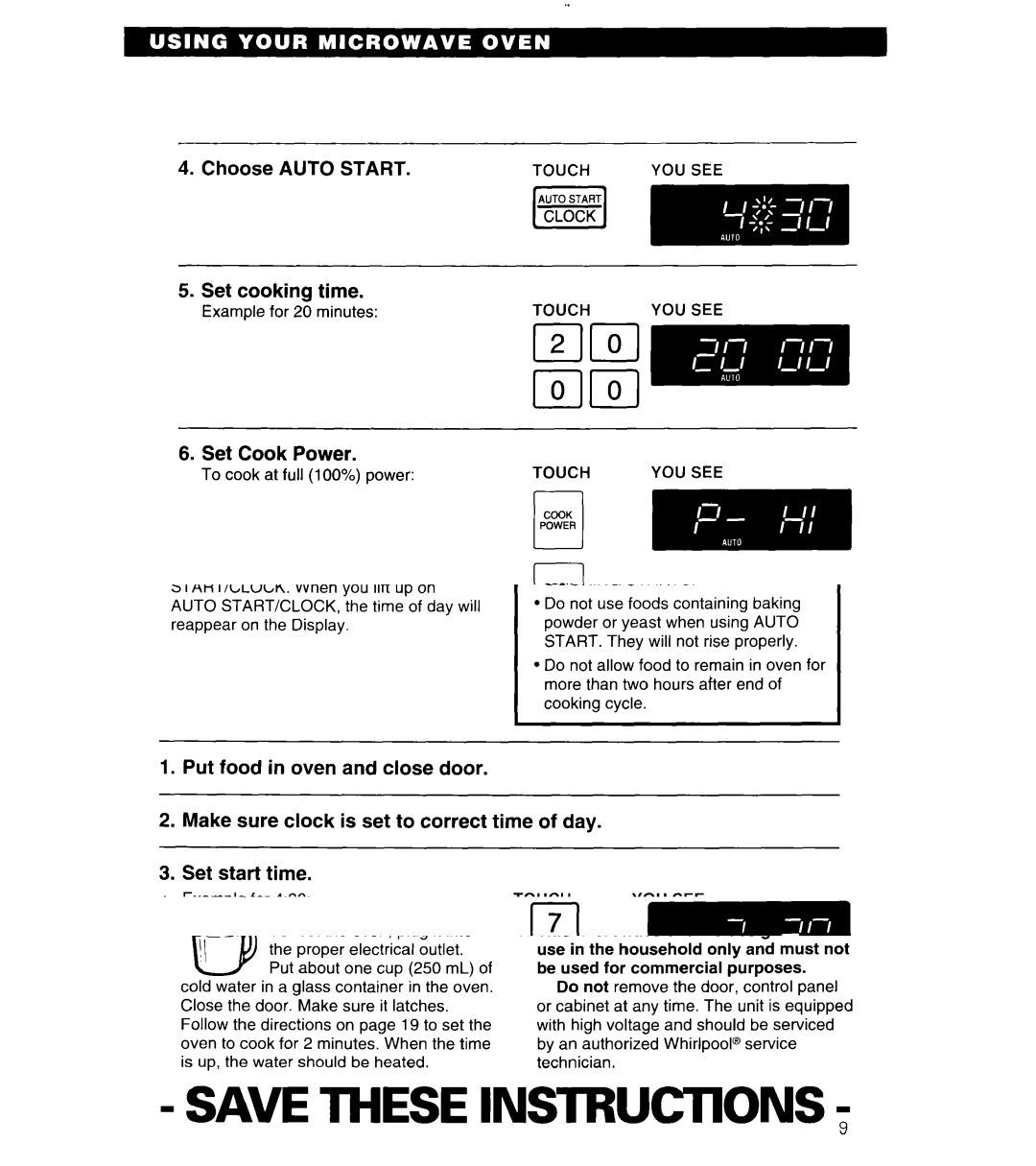 Whirlpool MT6125XBB/Q installation instructions Choose Auto Start Set cooking time, Set Cook Power 