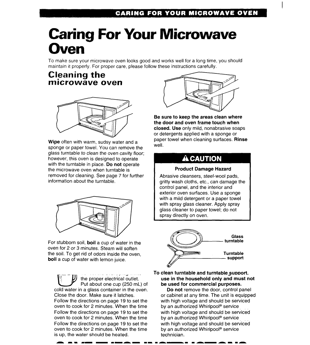 Whirlpool MT6125XBB/Q installation instructions Caring For Your Microwave Oven, Cleaning Micxowave oven 